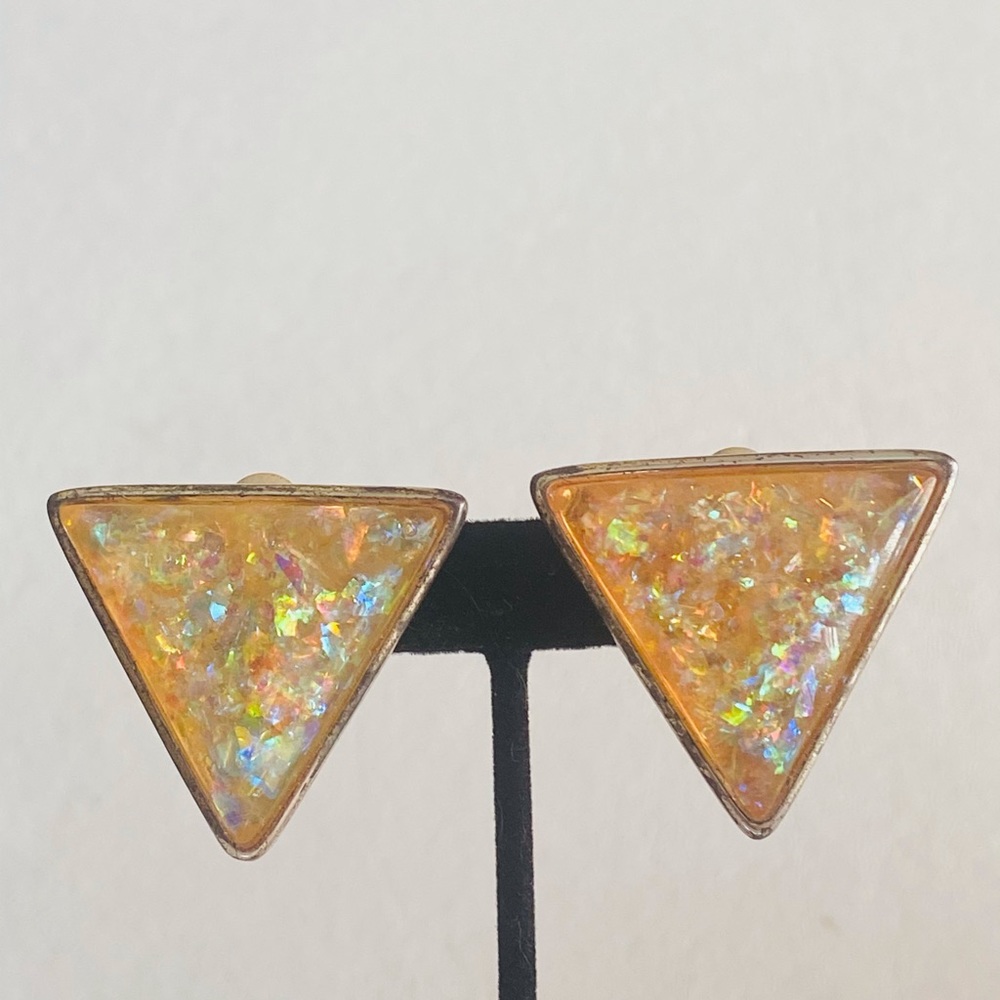 Oversized Triangle Iridescent Opal Clip On Earring - image 2